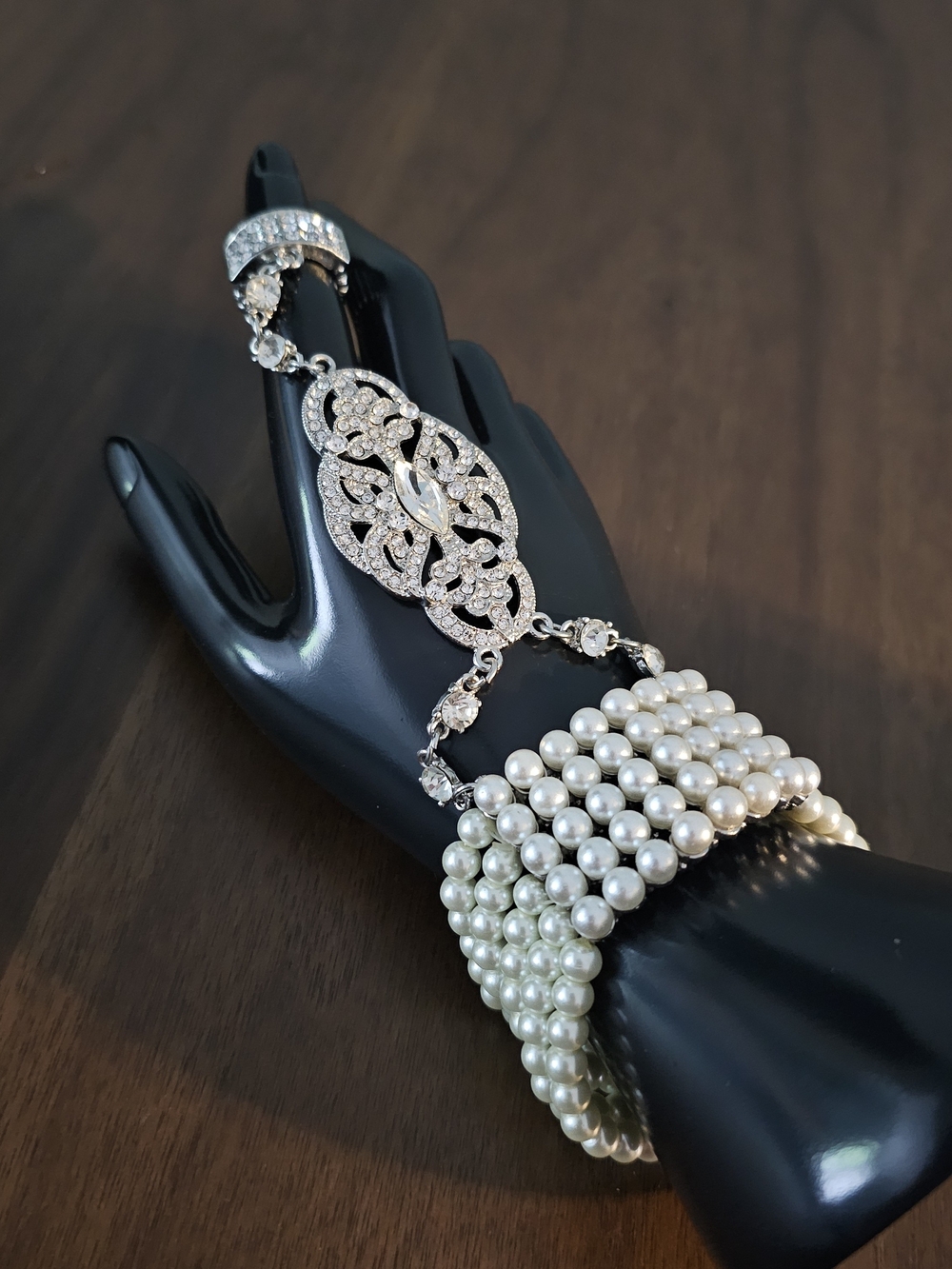 Art Deco Style Pearl Flapper Ring Bracelet